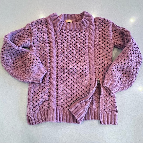 POL Chunky Open Weave Sweater Mauve tone Zipper Fun Detail Sz Small Leather Tag - Picture 2 of 7